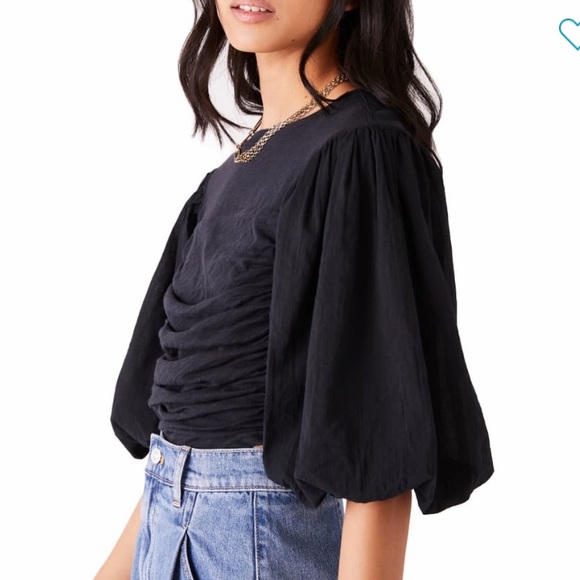 FREE PEOPLE COTTON SWEET SPOT TOP IN BLACK CROPPED FIT PUFF SLEEVE RUNCHING SZ S - Picture 2 of 8